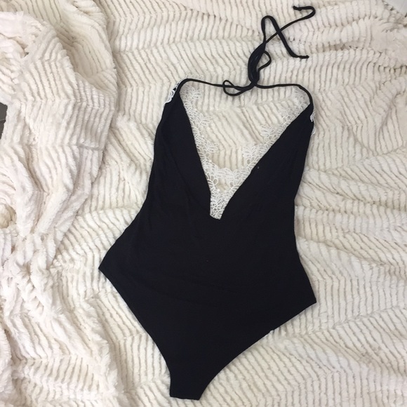 Black Deep-V Cut Bodysuit White Accent Size S - Picture 4 of 8